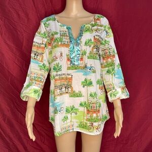 Island Republic Tropical Village Bicycle Roll Tab Sequin Tunic Large